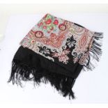 Piano shawl, printed with roses on a black ground, 128cm x128cm approx.
