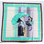 Pierre Cardin, silk scarf in an Art Deco style design, centred with flowers within a navy, gold