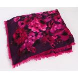 Ravens wool blanket scarf, Made in Italy, printed with pink flowers on a purple ground, stamped