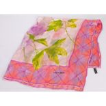 Valentino, silk scarf printed with roses within a pink and purple geometric border, singed to bottom