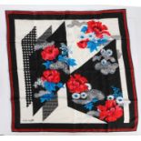 Fisba Stoffels, silk scarf with red roses and blue leaves on a white and black ground with red