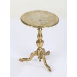 Brass miniature games table, the circular top with white metal chess board, raised on a waisted stem