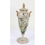 Late Victorian overpainted glass vase and cover, having lift up lid with gilded finial, above an