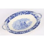 Wedgwood Ferrara pattern oval twin handled dish, blue and white transfer decorated with ships in a