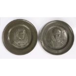 Pair of pewter plates, each depicting a lady and gentleman in profile wearing tudor clothing, 31cm