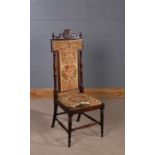 Victorian rosewood Prie-Dieu chair, with high needlework back rest and seat, pointed finials and