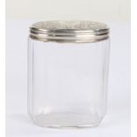 Victorian silver lidded glass dressing table jar, London 1892, maker Thomas Jones Watson, the oval