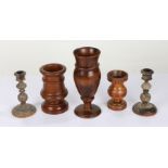 Collection of treen, to include a pair of olive wood candlesticks, a mortar and two pots, one with