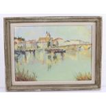 Pierre Labis, Townscape near the water, signed oil on board, 45cm x 32cm