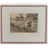After Henry Wilkinson (1878-1971) Fly Fishing, hand coloured lithograph, numbered 88/250 pencil
