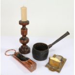 19th copper hanging candle holder, of oblong form, 25.5cm long, together with a treen candlestick,