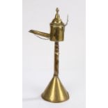 19th Century brass whale oil lamp, with lift up lid and conical base, 35cm high