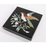 Pietra dura desk weight, inlaid with depiction of a bird on a branch, 10cm square