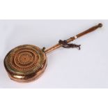 19th Century copper and brass warming pan, of pierced form, with brass press opening button and