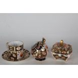 Royal Crown Derby imari pattern coffee cup and saucer, sugar bowl and pot with cover (3)