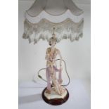 Large Italian figural table lamp, in the form of an Art Deco figurine, raised on circular wooden