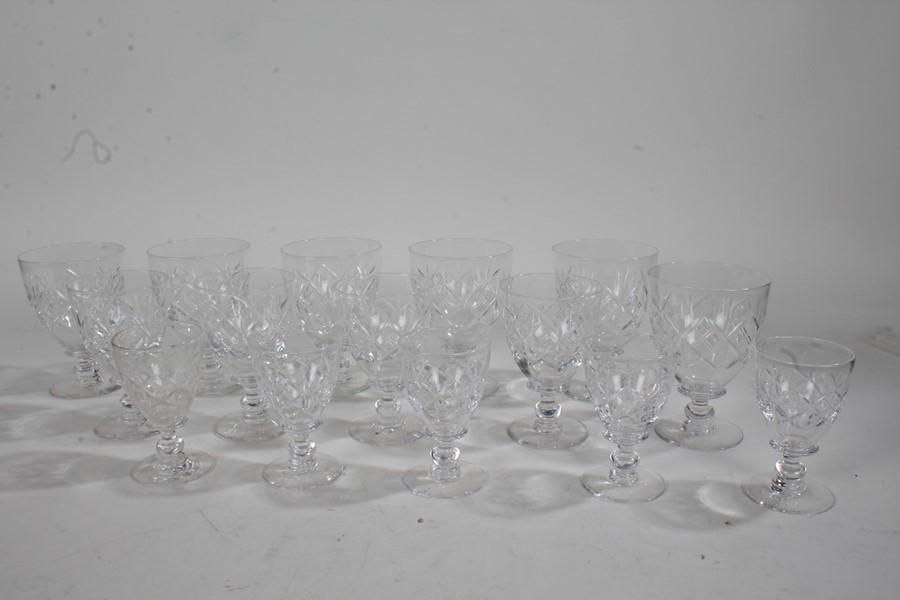 Tudor glass, to include six wine, four smaller and five sherry glasses, (15)