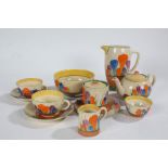 Clarice Cliff Crocus pattern tea set, to include a teapot, bowl, jug, milk jug, two cups and