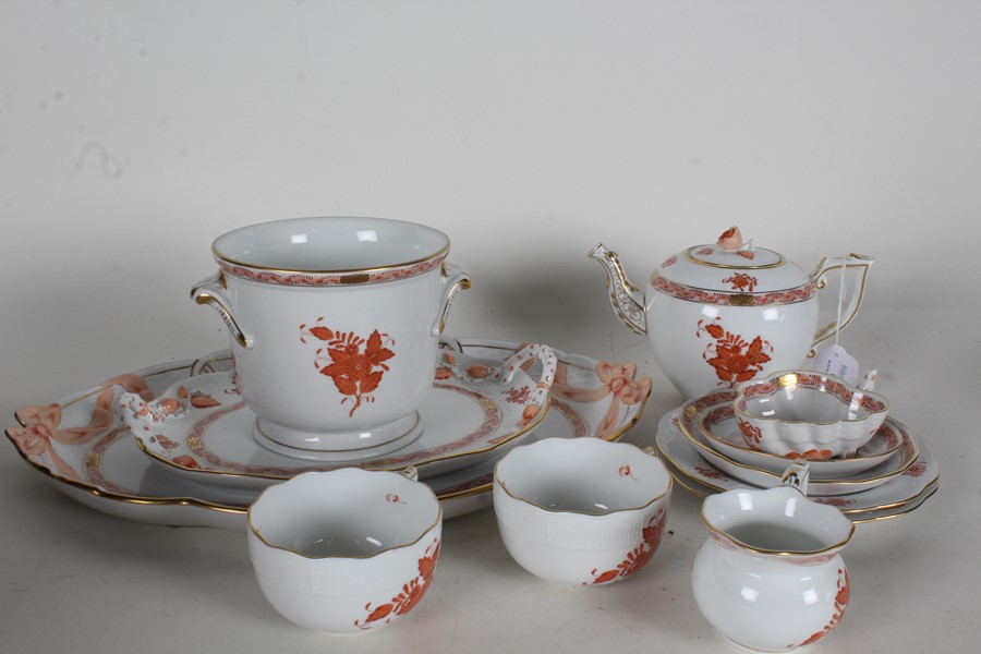 Herend 'Apponyi Iron Red' tea for two service, all with iron red coloured flowers and gilt