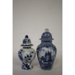 Dutch Delt blue and white vase and cover, the hexagonal lid and body with foliate decoration and