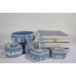 Collection of Wedgwood blue jasperware, to include circular, square and heart shaped pots and