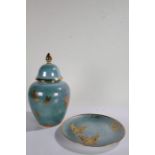Sneroll Casa Bohemia vase and cover, the turquoise lustre body with gilt butterfly decoration, 31.