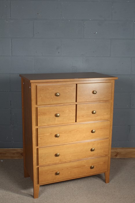 Light oak chest of drawers, the rectangular top above five long draws, 120cm tall 90cm wide