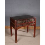 Chinese hardwood desk, the rectangular top above two short drawers. three dummy drawers below and