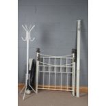 Victorian style iron single bed frame, with attachments, together with a metal hat and coat stand (