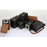 Six box cameras, to include Kodak, Six-20 Brownie, with four leather cases (6)