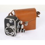 Paillard-Bolex B8L cine camera, with Yvar f/2.8 and f/1.8 lenses, No. 785654, in a leather case