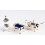 Mappin & Webb silver plated condiment set, consisting of pepperette, salt and mustard pot with