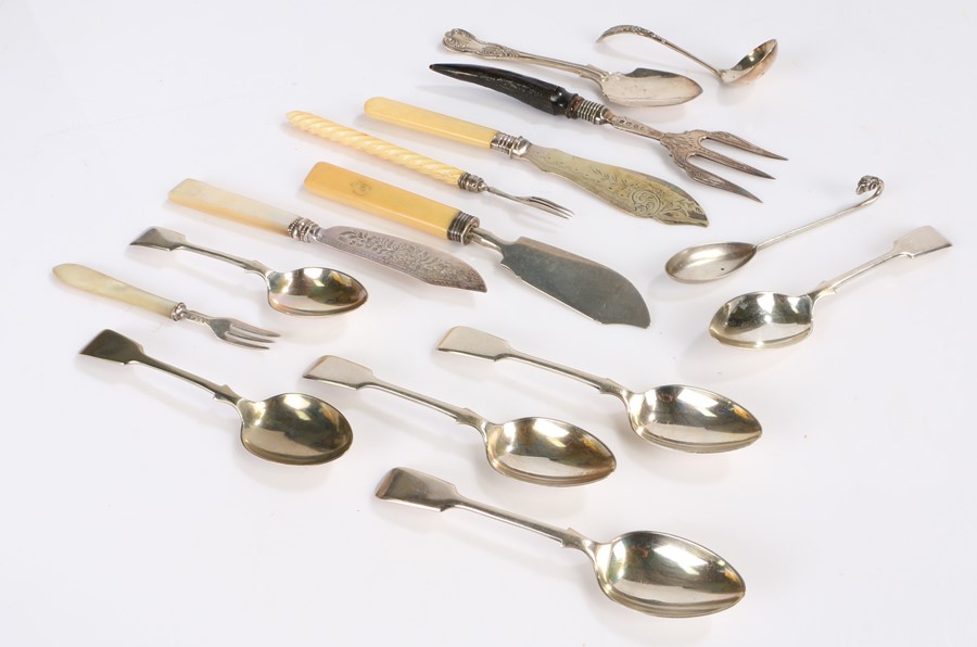 Silver and plated flatware, to include two silver fish knives with mother of pearl and bone handles,