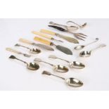Silver and plated flatware, to include two silver fish knives with mother of pearl and bone handles,