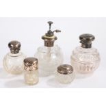 Silver mounted glass dressing table items to include perfume atomiser, two perfume bottles, hair