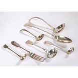 Silver plated table cutlery, to include basting spoon, soup ladle, four ladles, table fork (7)