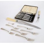 Cased set of six silver handled tea knives, Musgrave Sheffield carving knife and fork, six dessert