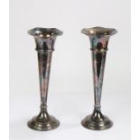 Substantial pair of silver plated spill vases, with wavy rims above tapering bodies, 39.5cm high