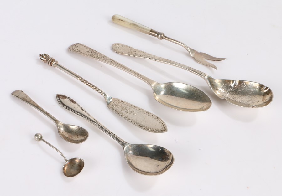 Silver, various dates and makers, to include condiment, preserve and tea spoons, butter knife, two