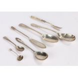 Silver, various dates and makers, to include condiment, preserve and tea spoons, butter knife, two