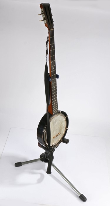 Five string Banjo, made in England, with stand.