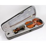 Mahogany violin with bow, two-piece back,  56cm long, cased