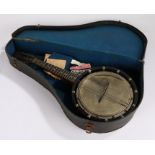 Fred Langham banjo, housed in a travelling case, AF