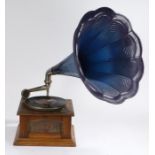 Table top Gramophone with oak case and blue Metal speaker Horn.