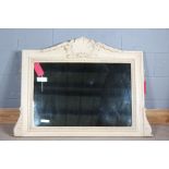 Faux cream marble overmantle mirror with arched shell pediment, reeded border with scrolled acanthus