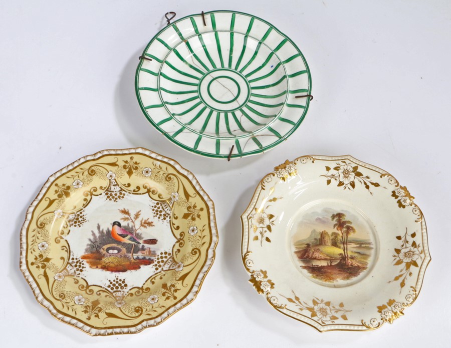 19th Century Derby porcelain plate, painted with a ruin and two figures fishing to the foreground,