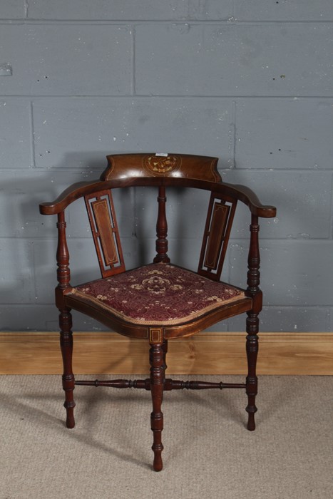 Edwardian mahogany inlaid corner chair, centred with an inlaid motif of musical instruments, pierced