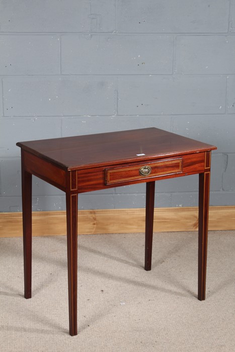 Edwardian mahogany inlaid side table, bearing label 'Druce & Co.', the rectangular boxwood and ebony