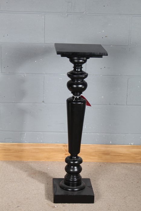 Ebonised pedestal with square top, turned baluster support on square base, 30cm square, 100cm high