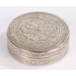 Egyptian silver circular pot and cover, the lid with scroll decoration, 5.5cm diameter, 1.5oz